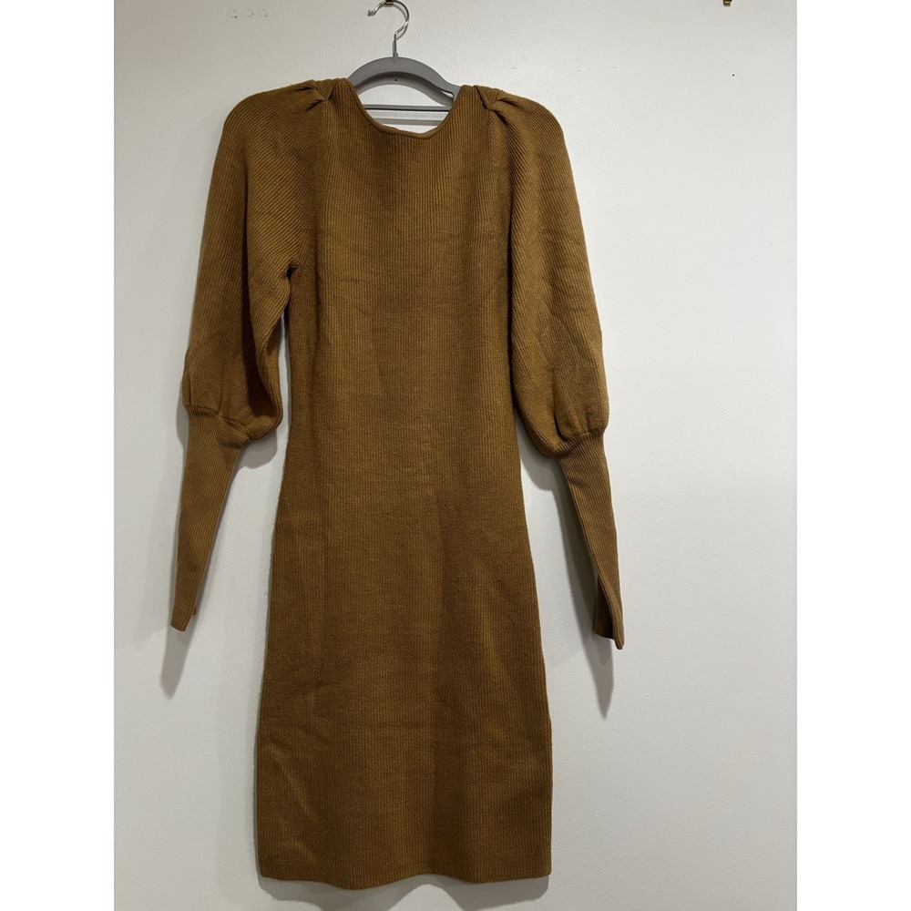 French Connection Babysoft Knits Dress Womens S Camel Melange Puff Sleeve 71TSM